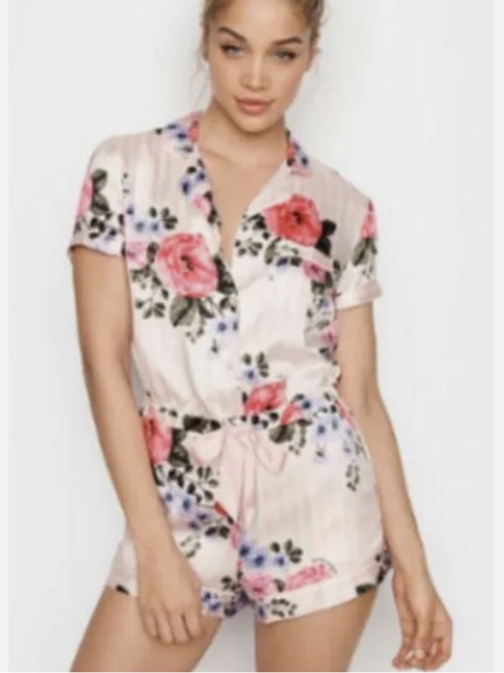 Victoria's Secret Satin Floral Romper Pink Stripe Short Pajama Pockets Medium